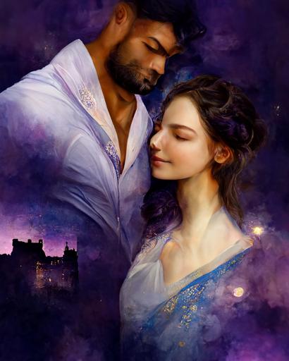 romance novel cover, muscular man in a white shirt embracing a beautiful woman in a purple dress, on a castle balcony, blue night sky, photography, realism, soft focus, --ar 3:4