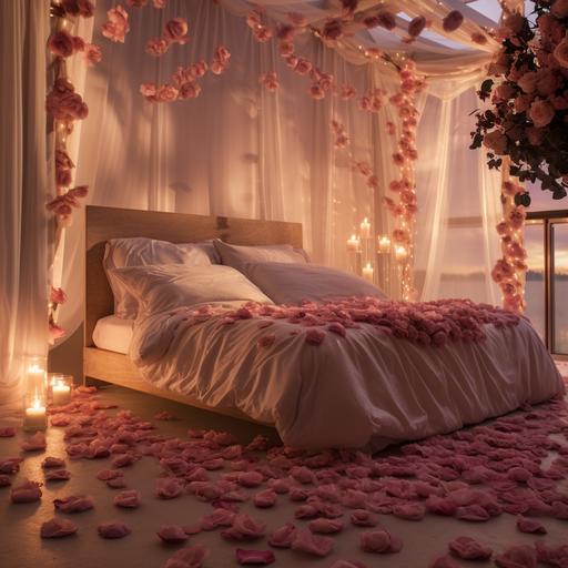 romantic bedroom with bed in the center, rose pedals on the bed, dimmed lights