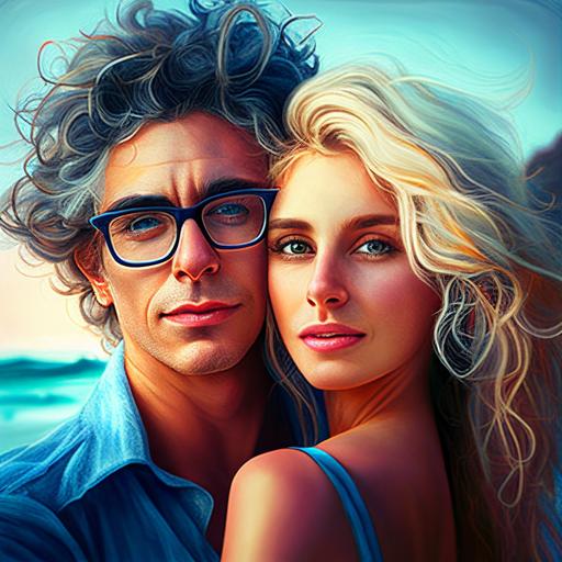 romantic couple she is beautiful and young with blondie middle curly hair and his husband is a middle-age with black hair in blue glasses , looking the sea sunsent in the san valentin days