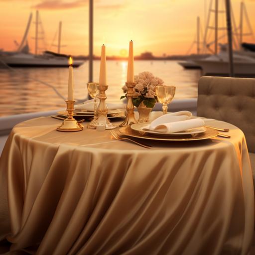 romantic diner table arrangement with a matte gold silk tablecloth on a luxury yacht, photorealistic, lounge in the background