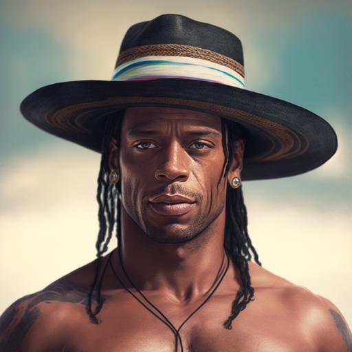 ronaldinho gaucho with straw hat, beach, hyper realist, 4k