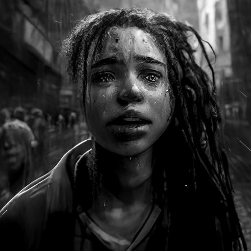 teen black female with braces and dreads crying in an alley, black and white, cinematic, urban landscape, crowds of people on street, skyscrapers, rain, volumetric lighting,ray tracing, global illumination, depth of field, photography, chromatic aberration, F/2.8, emotional