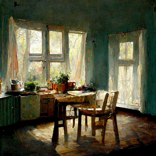 room, open kitchen,two doors, a table, four chairs, two windows with gray curtains, a small box on the table, TV, PC, on a daily basis