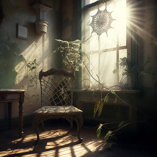 room with sunlight old furniture cobwebs los of plants