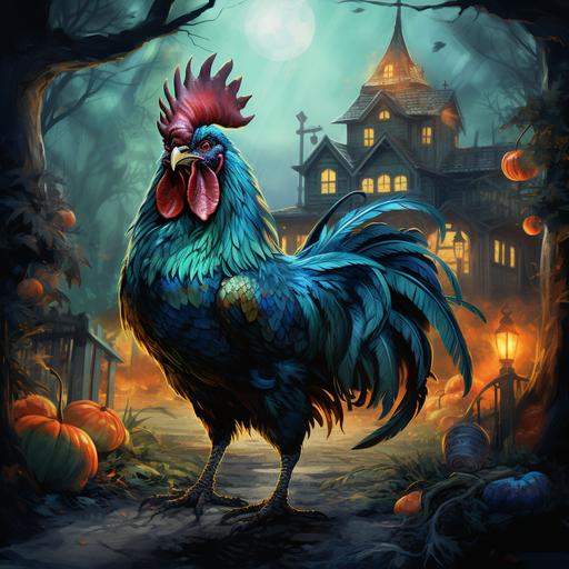 rooster with blue abd green feathers, outside a haunted house, Halloween scene