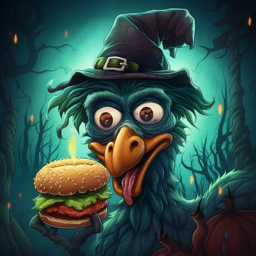 rooster with green and blue feathers eating a hamburger in a spooky Halloween metaverse, cartoon style