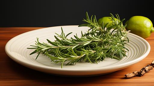 rosemary herb on a plate, blank background, pixel perfect, cinquecento, meticulous design, intricate patterns, delicate lines, 8k, --ar 16:9 --stylize 1000 --style raw