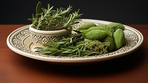 rosemary tyme and sage herb on a plate, blank background, pixel perfect, cinquecento, meticulous design, intricate patterns, delicate lines, 8k, --ar 16:9 --stylize 1000 --style raw