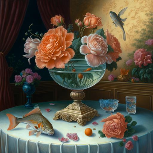 roses, peach-colored roses, apricot-colored roses, coral-colored roses, stand in an empire-style vase, on an empire-style tablecloth, next to the table is an aquarium where large goldfish swim, a diamond necklace is on the table, of extreme beauty, realistic, drawn in relief volumetric oil strokes, hyperdetail, natural light, oil, large oil strokes