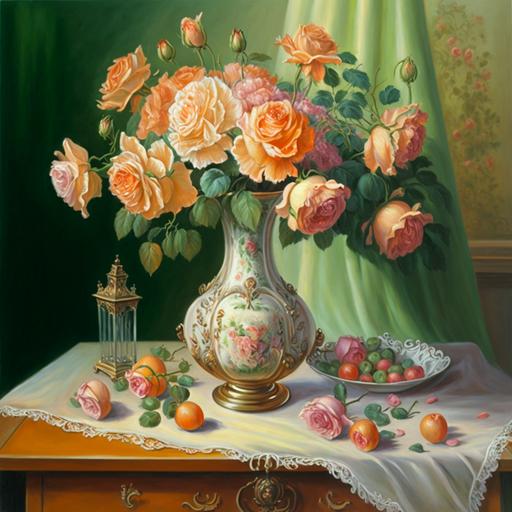 roses, peach-colored roses, apricot-colored roses, coral-colored roses, standing in an Empire style vase, on a Rococo, Empire style tablecloth, next to the table is a bottle of greenish perfume, of extreme beauty, realistic, drawn in relief with voluminous strokes of oil, hyper-detailed, natural light, oil, large strokes oil