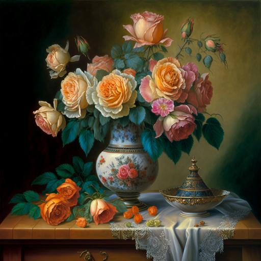 roses, peach-colored roses, apricot-colored roses, coral-colored roses, stand in an Empire style vase, on an Empire style tablecloth, a chinchilla sits on the table next to it, a diamond necklace lies on the table, of utmost beauty, realistic, painted with voluminous oil strokes, hyper-detailed , natural light, oil, large strokes of oil