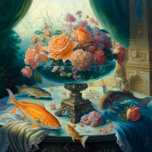 roses, peach-colored roses, apricot-colored roses, coral-colored roses, stand in an empire-style vase, on an empire-style tablecloth, next to the table is an aquarium where large goldfish swim, a diamond necklace is on the table, of extreme beauty, realistic, drawn in relief volumetric oil strokes, hyperdetail, natural light, oil, large oil strokes