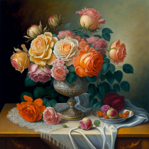 roses, peach-colored roses, apricot-colored roses, coral-colored roses, stand in an Empire style vase, on an Empire style tablecloth, a chinchilla sits on the table next to it, a diamond necklace lies on the table, of utmost beauty, realistic, painted with voluminous oil strokes, hyper-detailed , natural light, oil, large strokes of oil