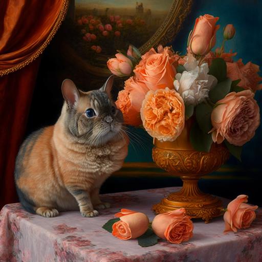 roses, peach-colored roses, apricot-colored roses, coral-colored roses, standing in an Empire style vase, on an Empire style tablecloth, a chinchilla animal sits on the table next to it, realistic, drawn in relief with three-dimensional oil strokes, hyper-detailed, natural lighting, oil, large oil strokes