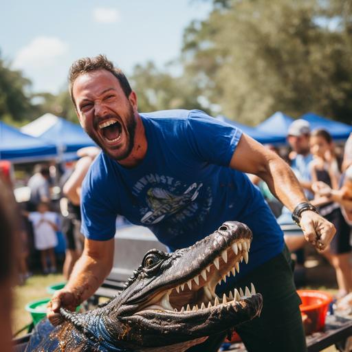 an average man in a royal blue t-shirt wrestles an alligator at a tailgating party, he is smiling at the camera