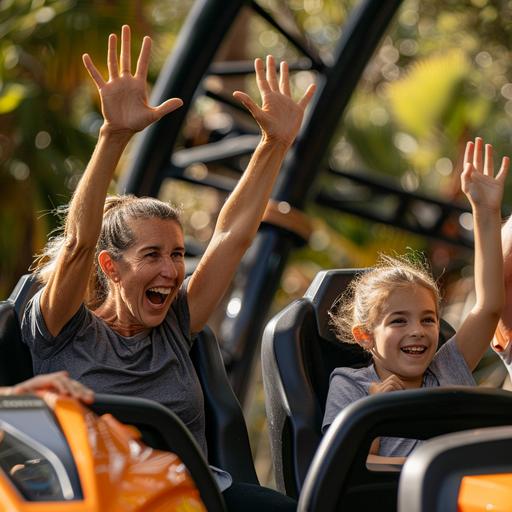 lady and child wearing dark grey t-shirts, riding a rollercoster with their hands in the air having a great time