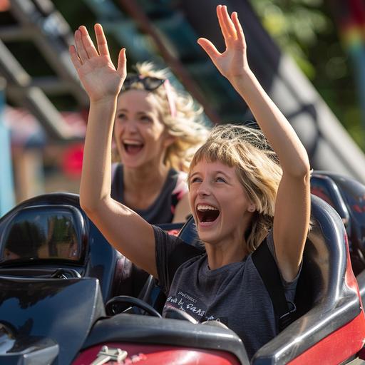 lady and child wearing dark grey t-shirts, riding a rollercoster with their hands in the air having a great time
