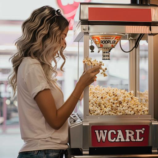 lady standing in front of the popcorn machine, eating popcorn