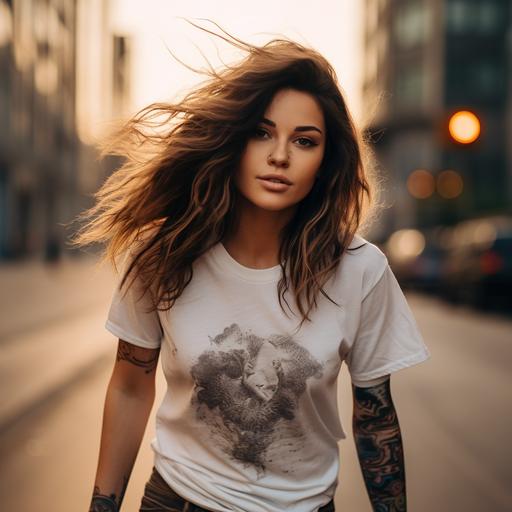 lady with tattoos, skateboarding in a cityscape, wearing a white t-shirt