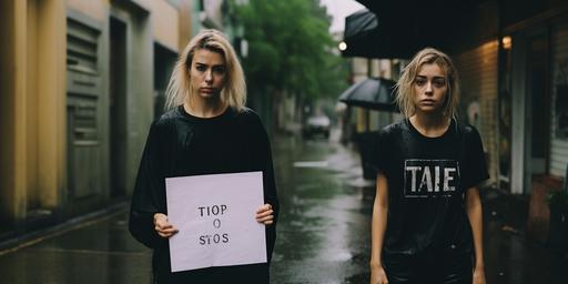 sad lady standing in front of a closed business, pouring down rain, hair soaking wet, wearing a blank black t-shirt, holding a sign that says 