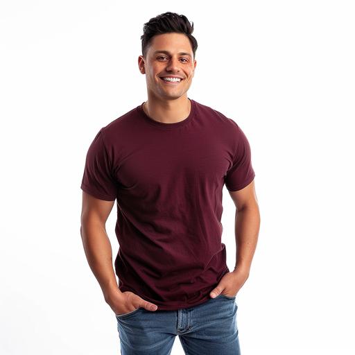 white male model wearing a dark red t-shirt and jeans, he is smiling, white background