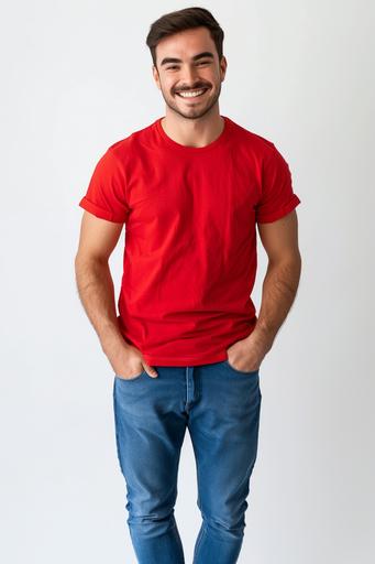 white male model wearing red t-shirt and jeans, he is smiling, white background --v 6.0 --ar 2:3