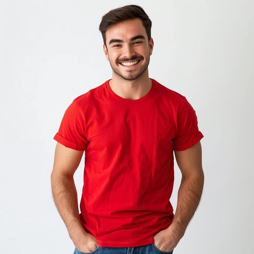 white male model wearing red t-shirt and jeans, he is smiling, white background --v 6.0