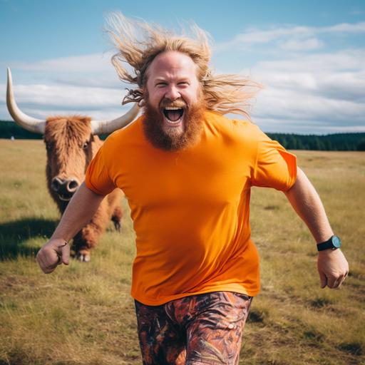 white man smiling and running from a long horn bull in a field, he is wearing a heather orange t-shirt, he is wearing a viking hat, show his full body