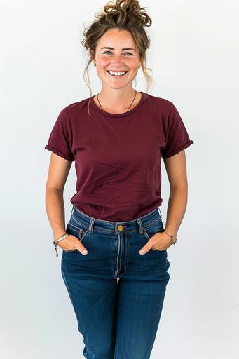 white woman wearing a loose fitting dark red t-shirt and jeans, she is smiling, her hair is up, white background --ar 2:3