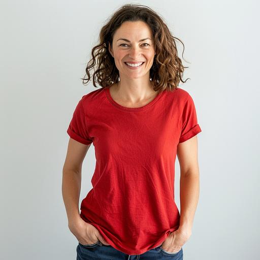 white woman wearing a loose fitting red t-shirt and jeans, she is smiling, she has is up, white background