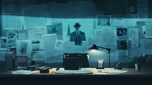 rotoscoped image of a detectives evidence board, illustrated, blue and teal --ar 16:9