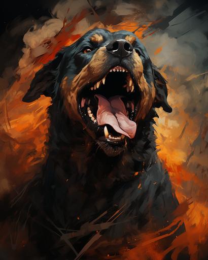 rottweiler is attacking another dog in a field, in the style of digital neo-expressionism, necronomicon illustrations, jarek kubicki, realistic hyper-detail, manticore, commission for, dark bronze and crimson --ar 51:64 --s 750