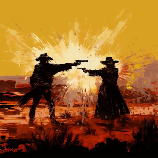 rough finger painting of a pistol duel in wild west desert. Only four colors used, black, brown, yellow and red.