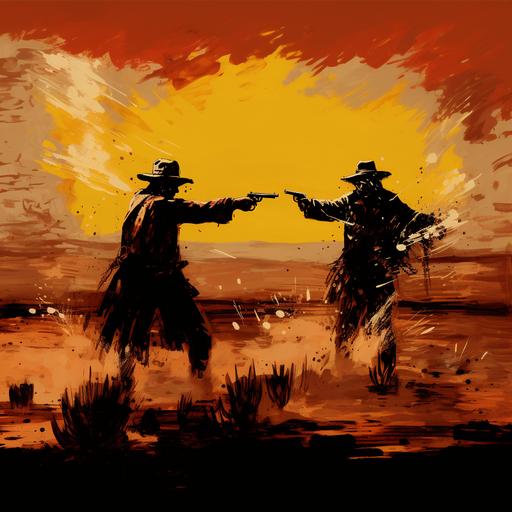 rough finger painting of a pistol duel in wild west desert. Only four colors used, black, brown, yellow and red.