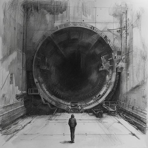 rough pencil sketch of a giant titanium door at the end of a dark corridor --v 6.0