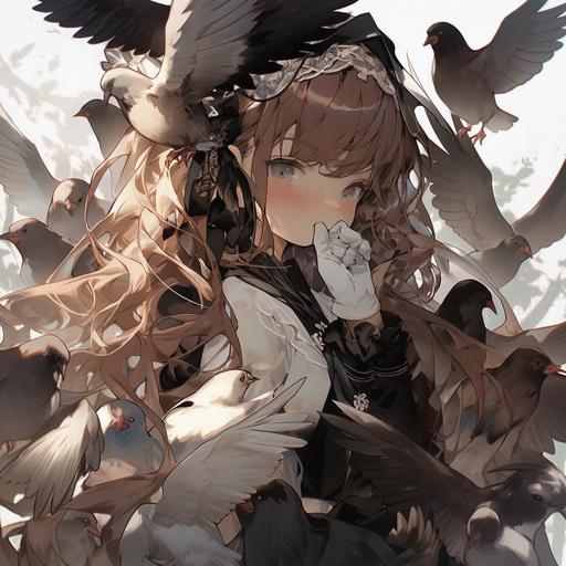 rough surfaceRough surface, oil on canvas style,Delicate face, down shot, thick acrylic illustration on pixiv, by Kawacy, by john singer sargent, Masterpiece , upper body , one Girls,a girl with a black dress,Large bird wings, fluttering,is surrounded by birds,white eyes , --q 2 --s 250 --niji 5