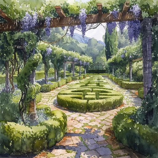 round , old english garden maze , neat and tidy , boxwood hedging , central ancient wisteria on a large old iron pergola , beautiful , watercolor , vibrant --v 6.0 --s 250