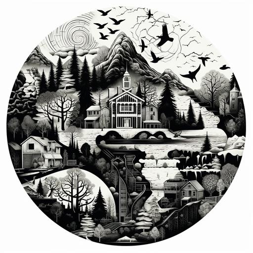round black and white stencil collage style with trees, fish, waterfalls, brick buildings, beaches, crows, bears, mining, bikes, weasels