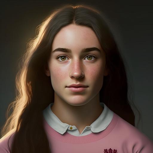round faced woman with long straight brown hair and light brown eyes and freckles with big cheeks and strong eyebrows, wearing a light pink rugby shirt with white collar, realistic, 8k, cinematic light