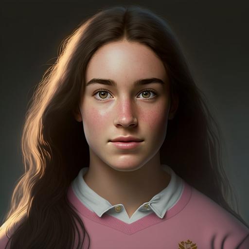 round faced woman with long straight brown hair and light brown eyes and freckles with big cheeks and strong eyebrows, wearing a light pink rugby shirt with white collar, realistic, 8k, cinematic light