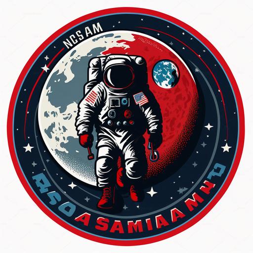 round nasa moon flight mission badge, sticker, logo, vector graphic, flat, dark and light blue and red colors
