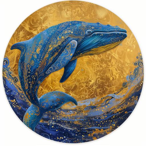 round sticker, blue and gold whale sticker on white background --v 6.0
