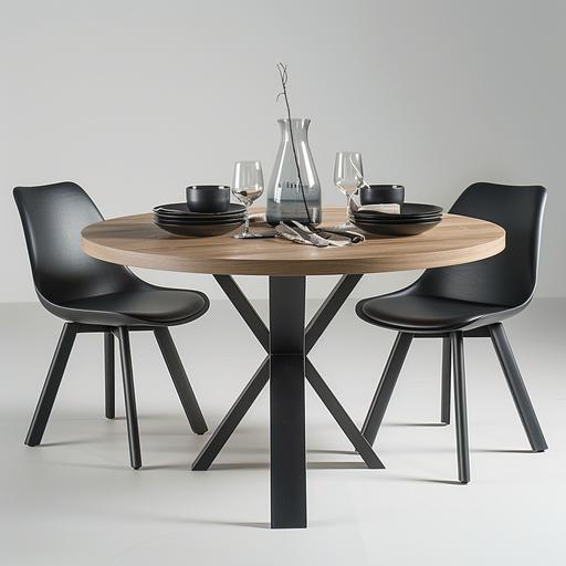 round table in modern-simple style, on metal x-type legs, black legs, straight legs, top in Halifax oak color, top made of smooth laminated board, top 5 cm thick, top has straight, sharp edges, table frame also in black, additionally modern chairs, snow-white background