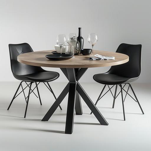 round table in modern-simple style, on metal x-type legs, black legs, straight legs, top in Halifax oak color, top made of smooth laminated board, top 5 cm thick, top has straight, sharp edges, table frame also in black, additionally modern chairs, snow-white background