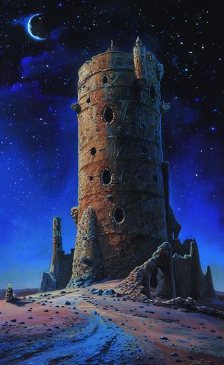 round tower made of ruby, sitting on a barren desert, starry night, blue sand .Drawn with oil painting, john howe, dark fantasy, detailed --ar 500:809 --v 6.0