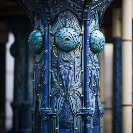 round wide pillar lined with blue tiles with ornaments in the style of Giger, close-up