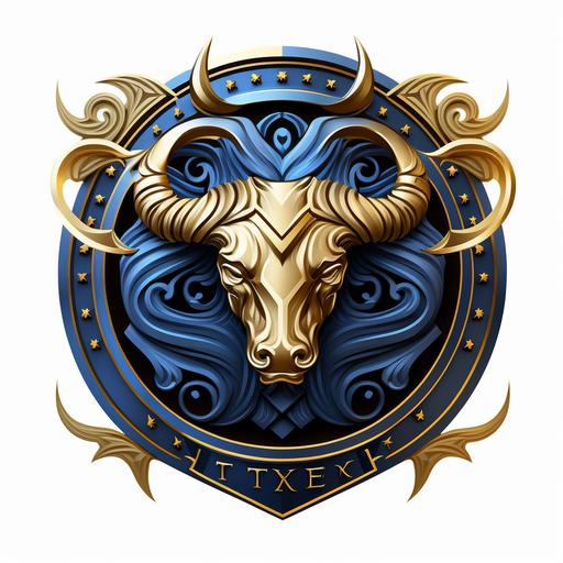 royal emblem zodiac sign taurus, vector logo,Esher style blue and gold, no text white background