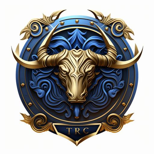 royal emblem zodiac sign taurus, vector logo,Esher style blue and gold, no text white background
