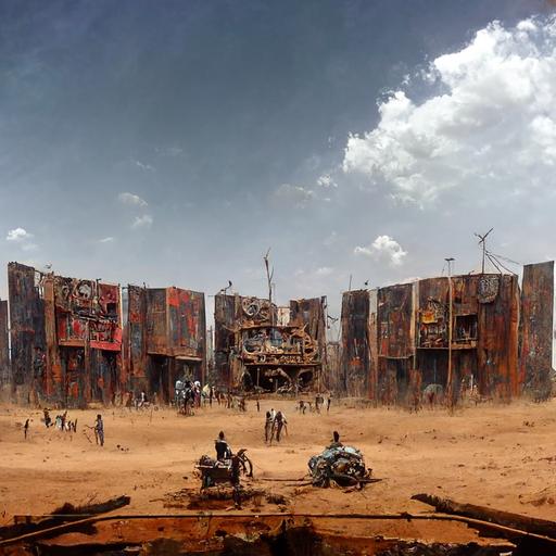 African mad max style battle arena made out of scrap metal, concept art