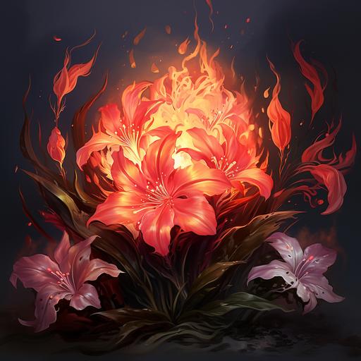 rpg illustration of a flaming flower, flora based on indian and cambodian flowers, burning --s 250 --v 5.2